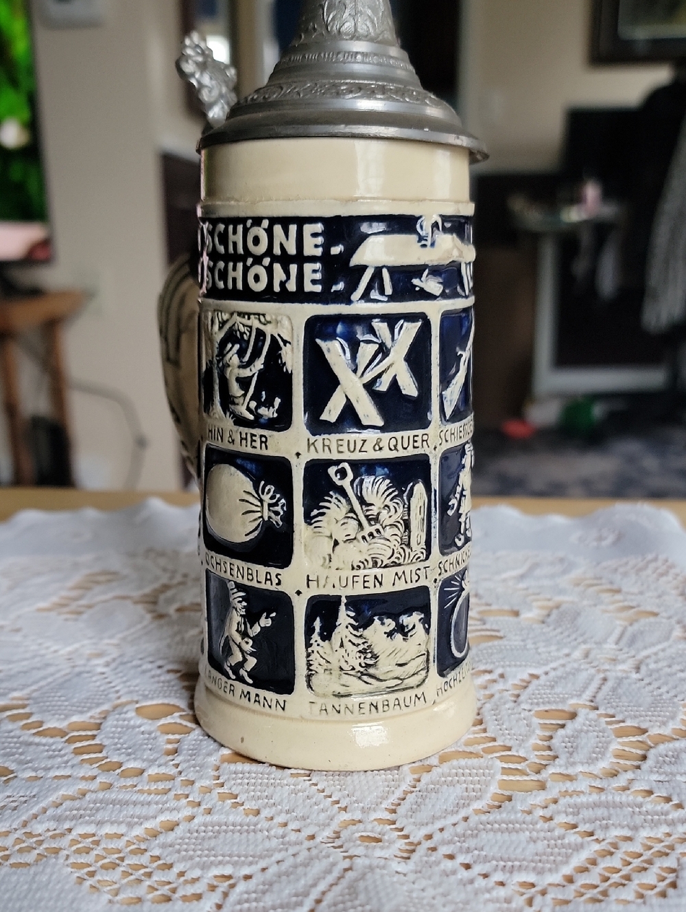 German Ceramic Beer Stein in Cream and Navy
